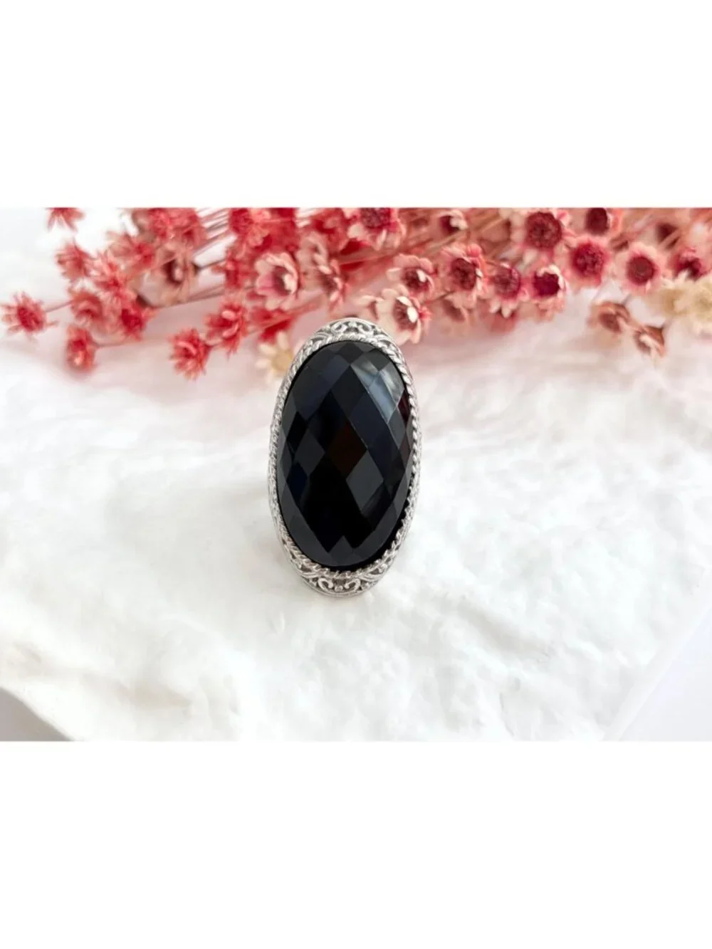 Black Onyx Faceted Stone Thai Made Sterling Silver 925 Vintage Ring - sz 8.75